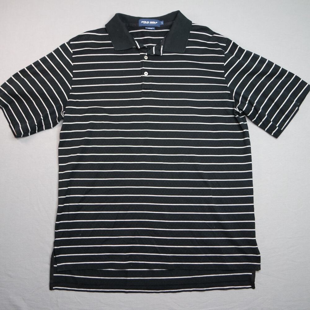 Ralph Lauren Polo Golf Shirt Mens Large Black Striped Short Sleeve Pima Cotton